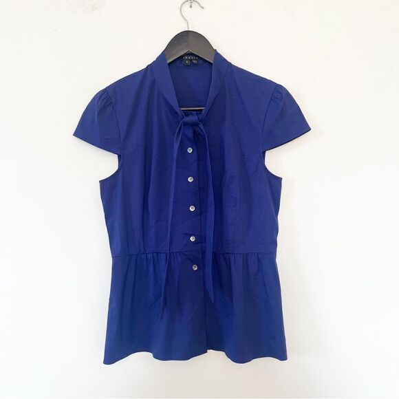 Theory Navy Cap Sleeve Bow Neckline Button Down Blouse - Picture 3 of 10